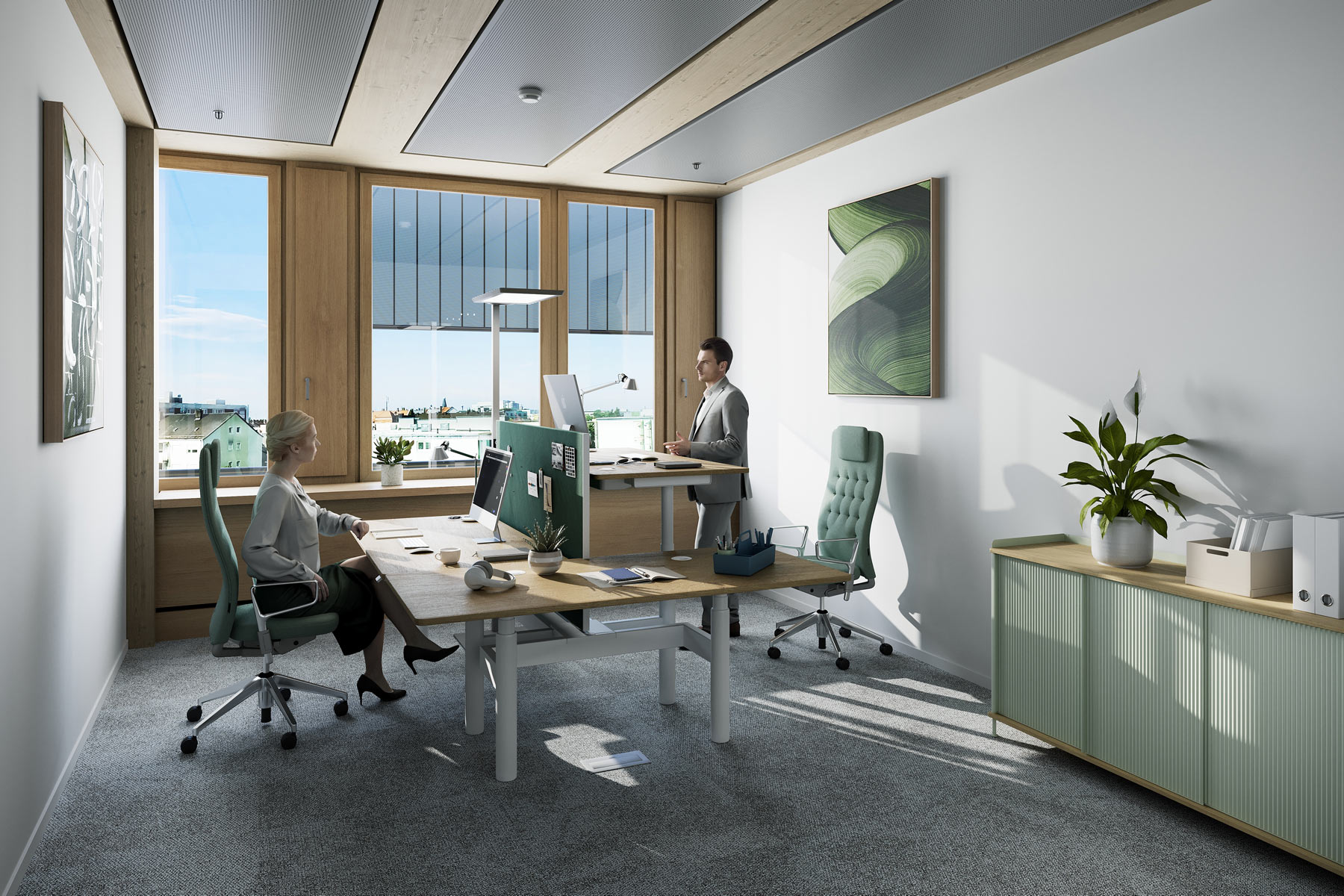 Modernes Doppelbüro im UmweltHaus Nürnberg mit ergonomischen Arbeitsplätzen und Tageslicht