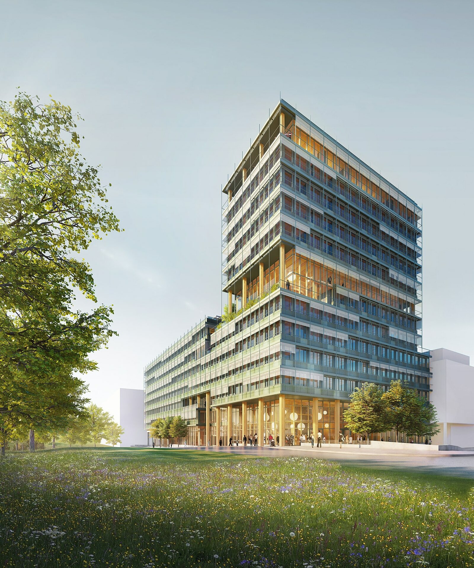 Nachhaltiges UmweltHaus Nürnberg in moderner Holz-Hybridbauweise – Außenperspektive mit Grünfläche