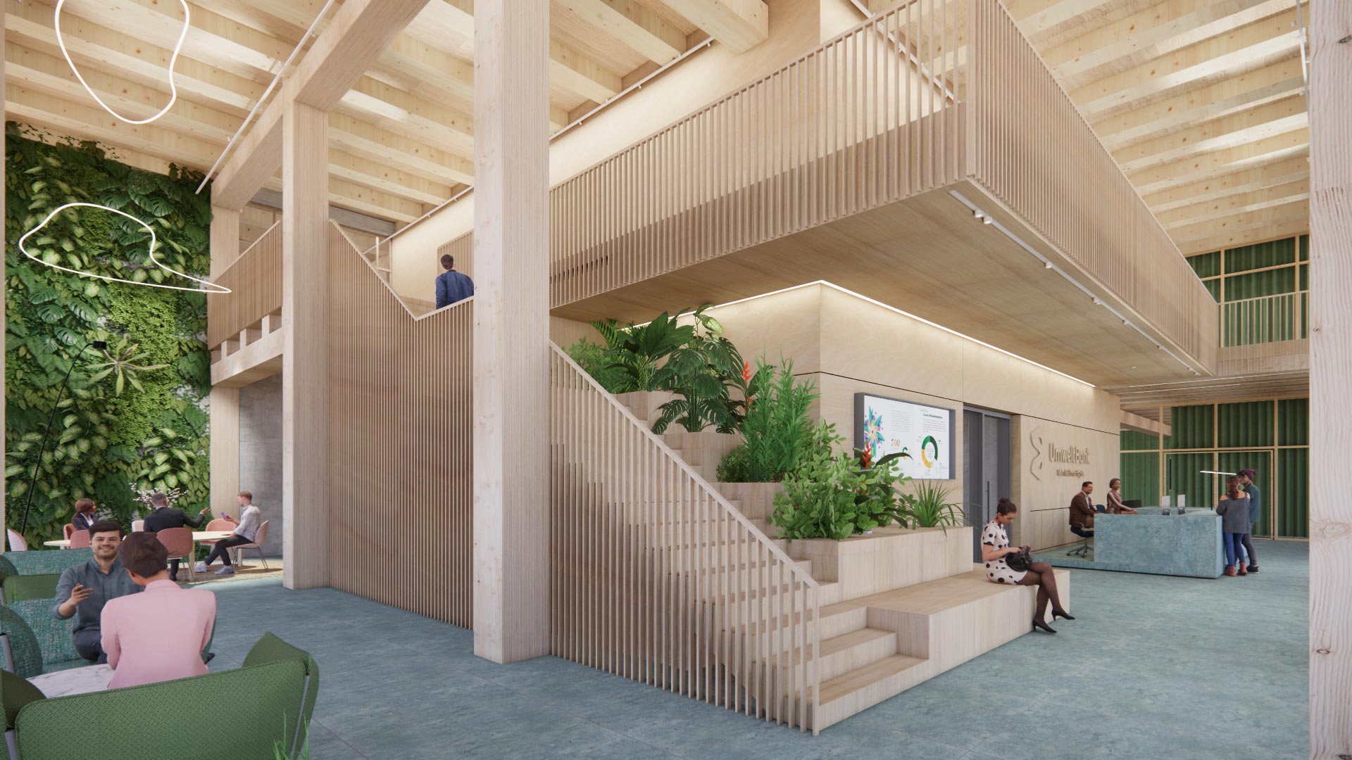 Moderne Lobby des UmweltHaus Nürnberg mit natürlichem Licht, Holzakzenten und begrüntem Eingangsbereich